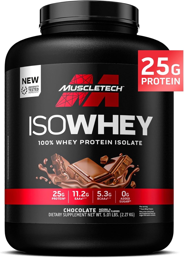 Lihasteknologia ISO Whey Isolate Protein Powder, Chocolate - Post Treout Gym täydennysosa Lean Muscle Gain, Body Building Weight Gainer & Recovery - 25g proteiinia, BCAA, EAA & 0 Lisätty sokeri - 5lbs
