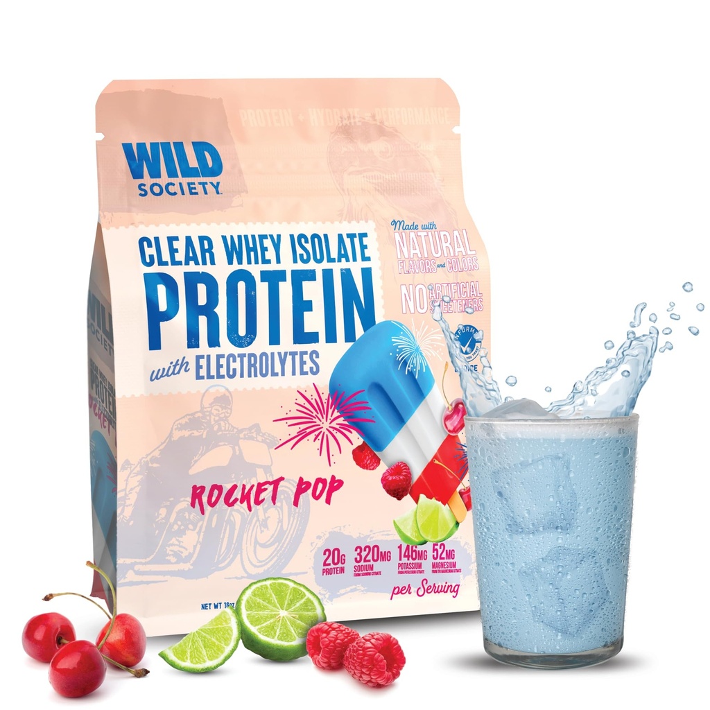 WildCociety - Clear Whey Protein + Electrolytes - Refring Whey Protein Isolate Powder - 20g Protein, 0 Lisätty sokeri, GMO-vapaa, luonnon makuja & värit - Rocket Pop, 16 oz
