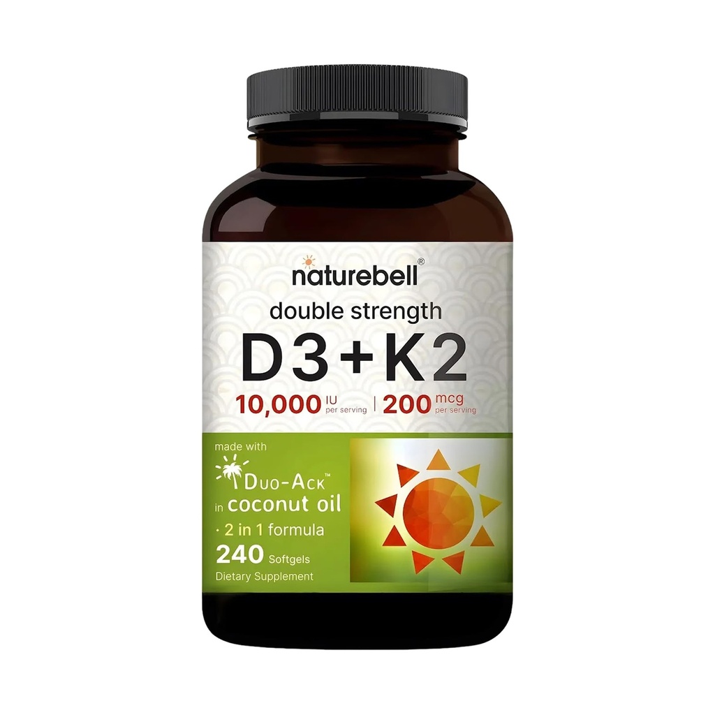 NatureBell-vitamiini Double Strength D3 + K2- 240 Softgels - 10 000 IU D-vitamiinia & 200 mikrog K2 - Luun vahvuus, immuunitoiminta ja kalsiumin imeytyminen Tuki * - Kookosöljy infusoitu