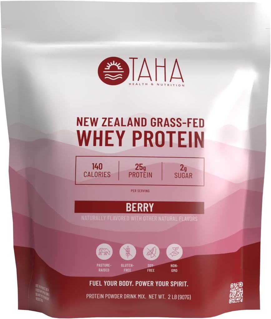 Taha Health & Nutrition Berry smaksatt Whey Protein Concentrate Powder, 25g Protein, 140 kalorier, 2g socker | Nya Zeeland Grass-Fed, Free-Range Dairy | Gluten och Soy Free, Keto, Kosher | 2LB
