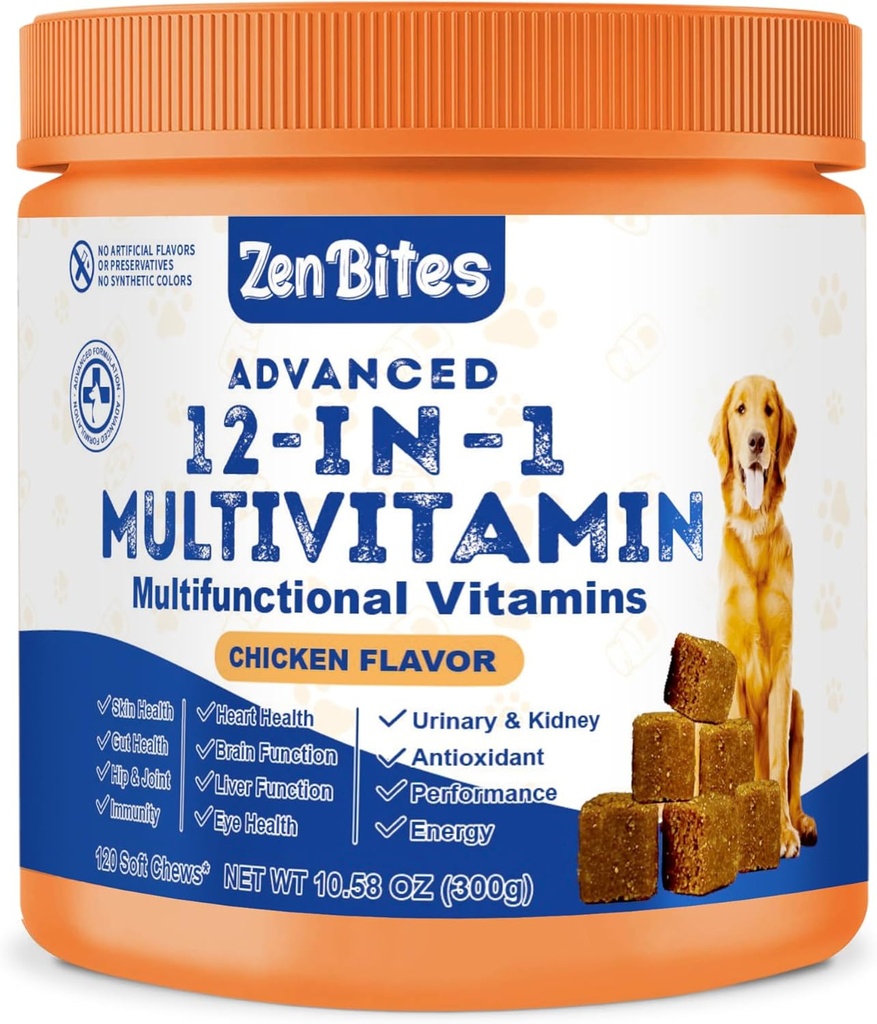 12-in-1 Dog Vitamiinit & Probiootit 120 Soft Chews - Organic Multivitamiinin kanssa Glukosamiini koirille - Joint Support Supplement koirat kaikenikäisille,Kokot, & Rodut,Tukee ihoa, sydän, Immuniteetti