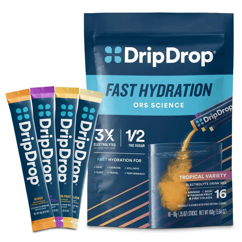 DripDrop Hydration Packets - Tropical Variety Pack - Single Serve Electrolytes Powder Drink Mix - Mango, Açaí, Passion Fruit, Piña Colada - Ei-GMO, Gluteeniton, Vegan - 16 Sticks