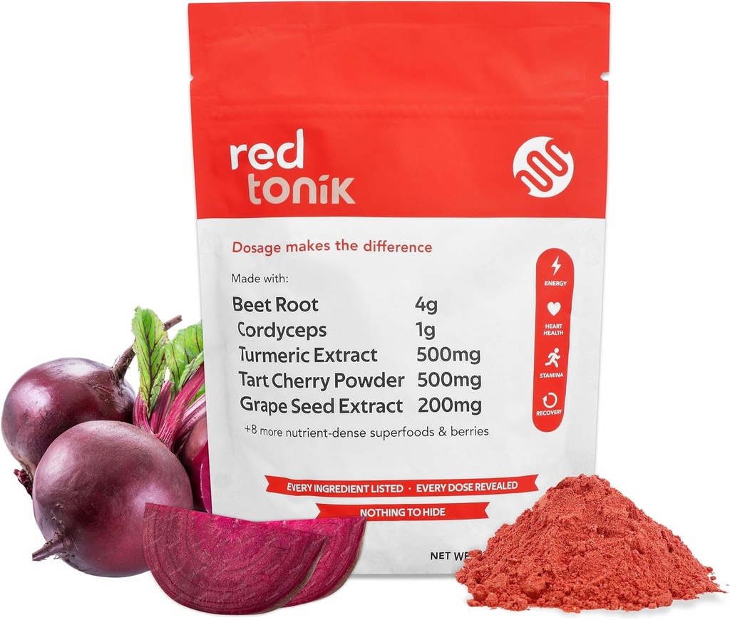 Red Tonik Superfood Powder |Beet Root | Mushroom |Turmeric |Daily Supplement med 13 Superfoods | Vitaminer och mineraler |Boost Energy, Stamina | Post-Workout Recovery |Berry Flavor