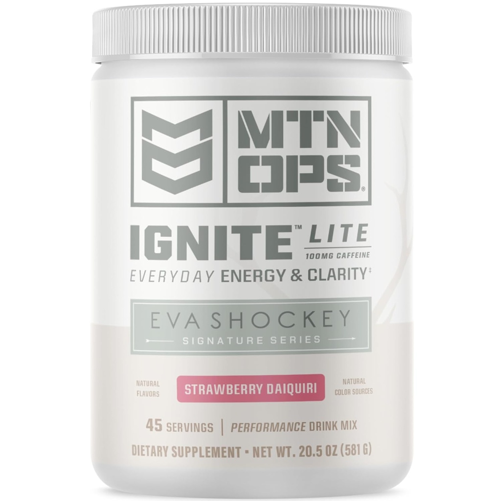 MTN OPS Ignite Lite Energy Drink Powder Gluten Free Nitric Oxide Supplement Drink Mix, L Arginine, L Citrulline, Caffeine & Nootropic Sugar Free Drink Mix, 45 Servings, Strawberry Daiquiri Flavor av Eva Shockey