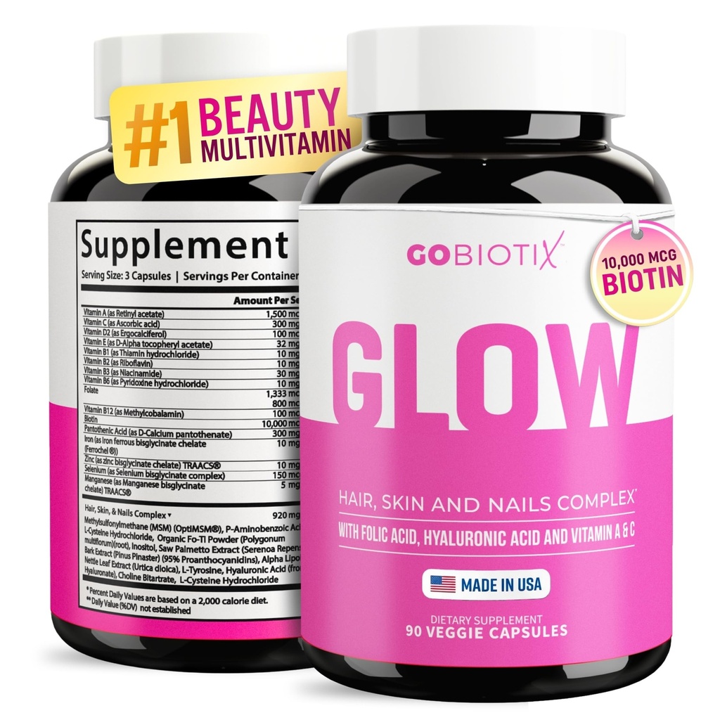 GOBIOTIX Hair Skin och Nails Vitamin Supplement - 10000mcg Biotin Pills med Hyaluronsyra, Folat, Järn, Magnesium och Zink - Kollagen Produktion, Hårtillväxt - 30 portioner