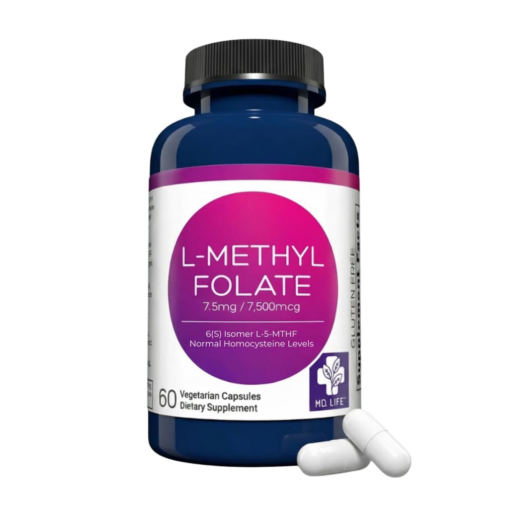 MD Life L- metyylifolaatti 7, 5 mg Supplement - Professional- Grade Active L Metyylifolaatti Supplement - 60 kapselia - L- metyylifolaatti 7, 5 mg - maksimaalinen vahvuus MTHFR W/ Essential aminohapot