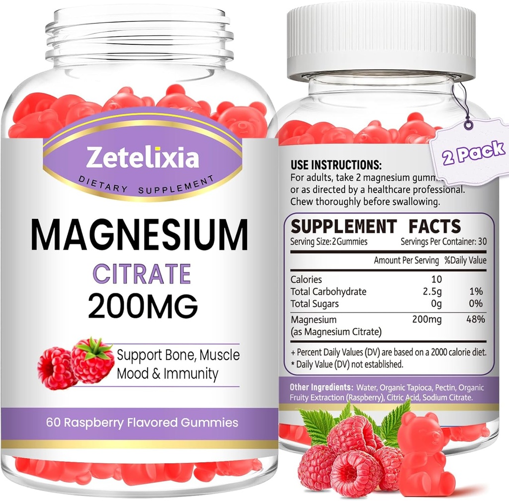 2 Pack Magnesium Citrate Gummies, korkea imeytyminen Magnesium Gummies aikuisille, Lihas & hampaiden tuki, Vegaani luonnollinen vadelma maku 120 Cts