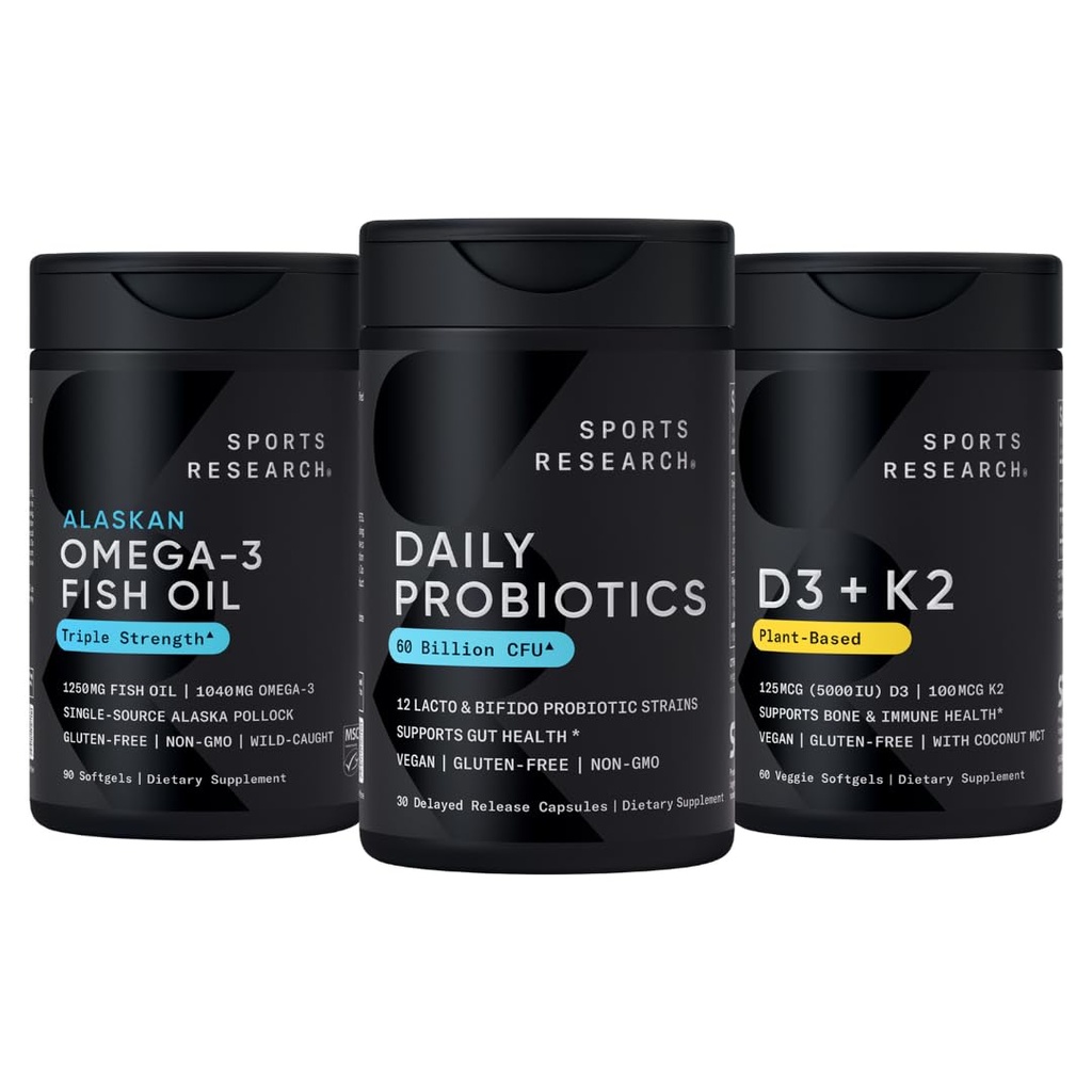 Sports Research Wild Alaskan Pollock Omega 3 Fish Oil 90 Softgels (1250 mg) + Vegan Probiotics med prebiotika, 60 miljarder CFU (30 Softgels) + 5000 IE Vitamin D + 100mcg Mk7 Vitamin K (60 Softgels)