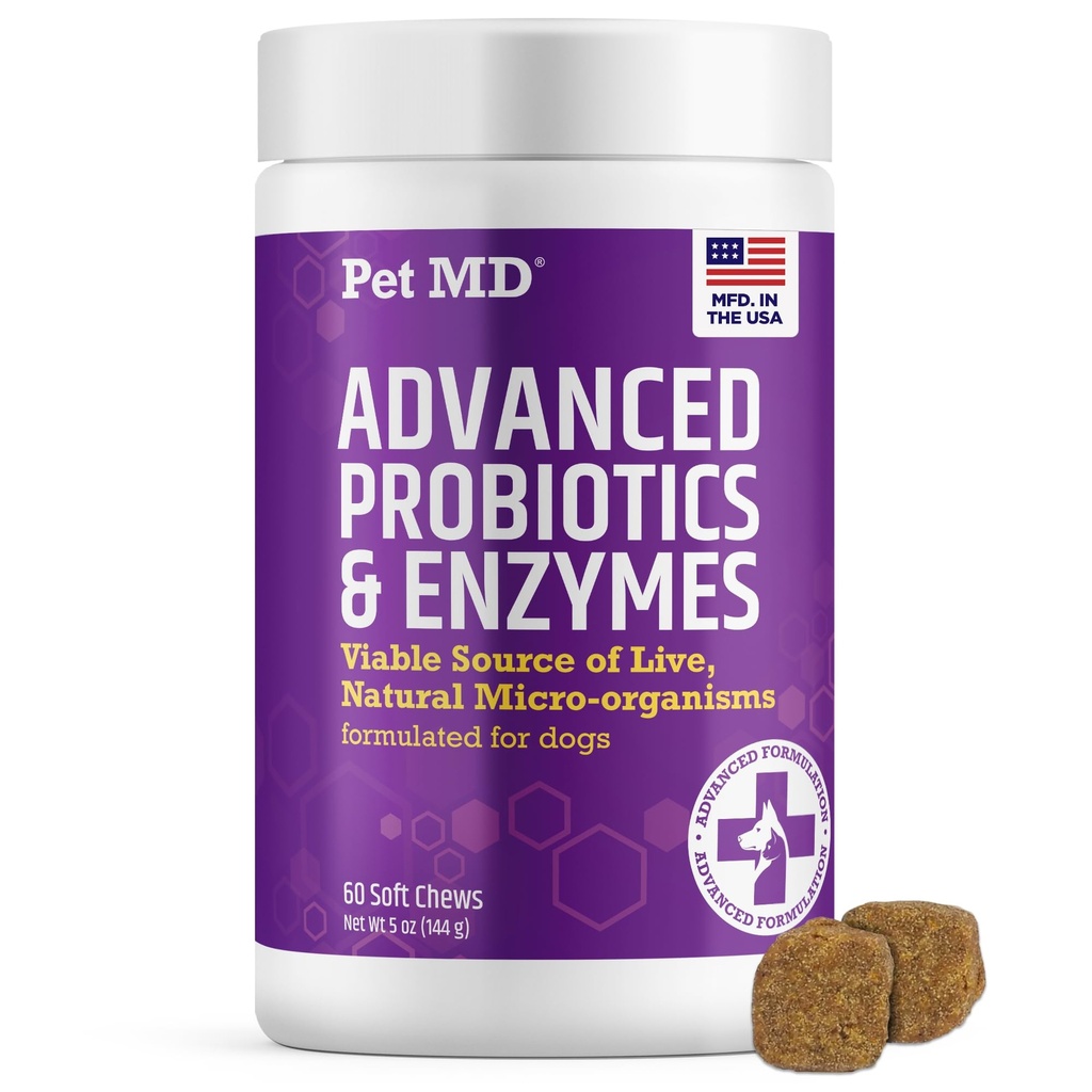 Pet MD Probiotics & Enzymes för hundar - Gut Health Chews med prebiotika - Digestive Aid för hundar med upprörd mage, diarré, förstoppning eller gas - Funktionell probiotika för hundar - 60 ct