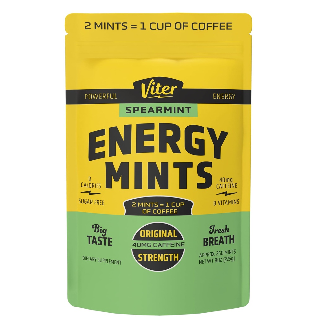 Viter Energy 40mg Koffein Mints - Sugar Free, B Vitaminer, Vegan, ökar snabbt Energized Alert Focus, koffeinerade Nootropic Supplement Pills (Spearmint Flavor, 8oz, Bulk Bag)