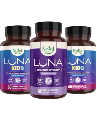 Nested Naturals Luna Kids Sleep Supplement (60 purutablettia) & Luna luonnollinen uniapu (60 vegan kapselia)