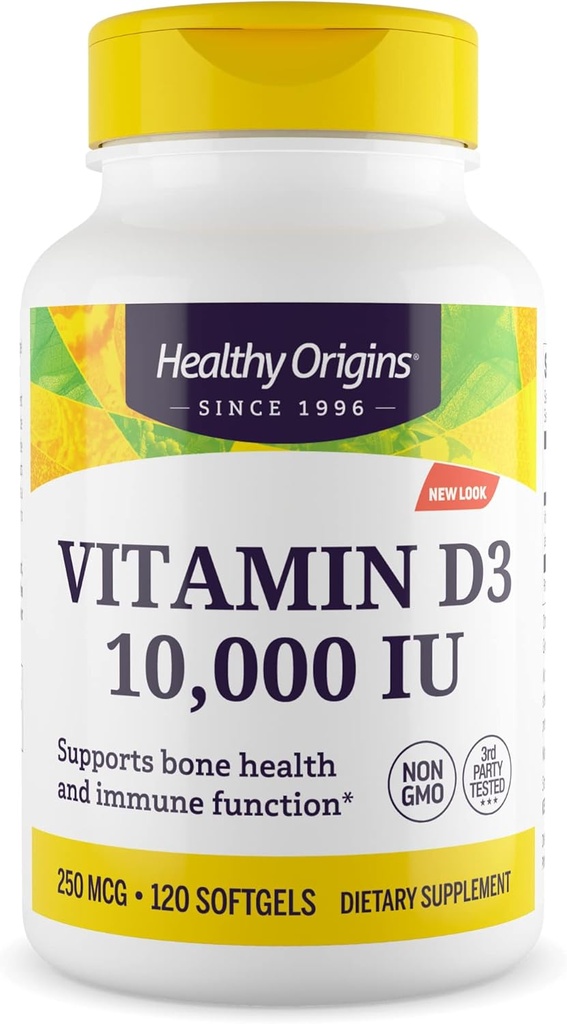 Terve alkuperä D3-vitamiini 10 000 IU (ei-GMO, korkea teho, luutuki, immuunituki, gluteeniton), 120 Softgels