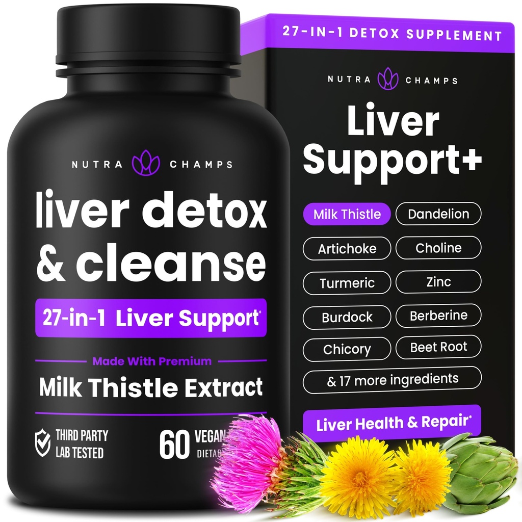 NutraChamps Liver Cleanse Detox & Repair Formula, 20+ Yrtit: Milk Thistle Extract kanssa Silymarin, Artisokka, Voikukka, Sikuri juurijauhe, Maksan tuki pillereitä täydentää, 60 kapselia