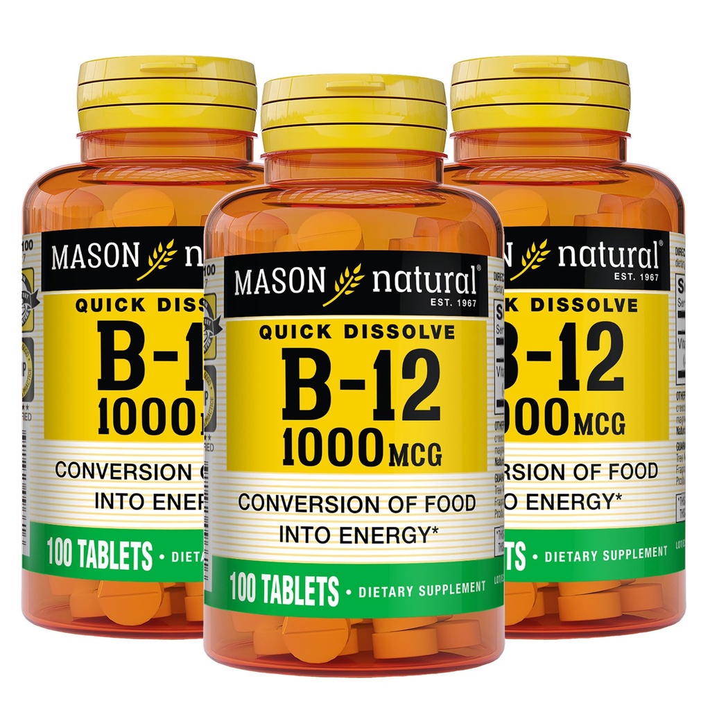MASON NATURAL B,12 1000 mikrog Nopea liuotus, 300 päivän tarjonta terveellistä muuntaminen elintarvikkeiden energia (3 pakkaus)