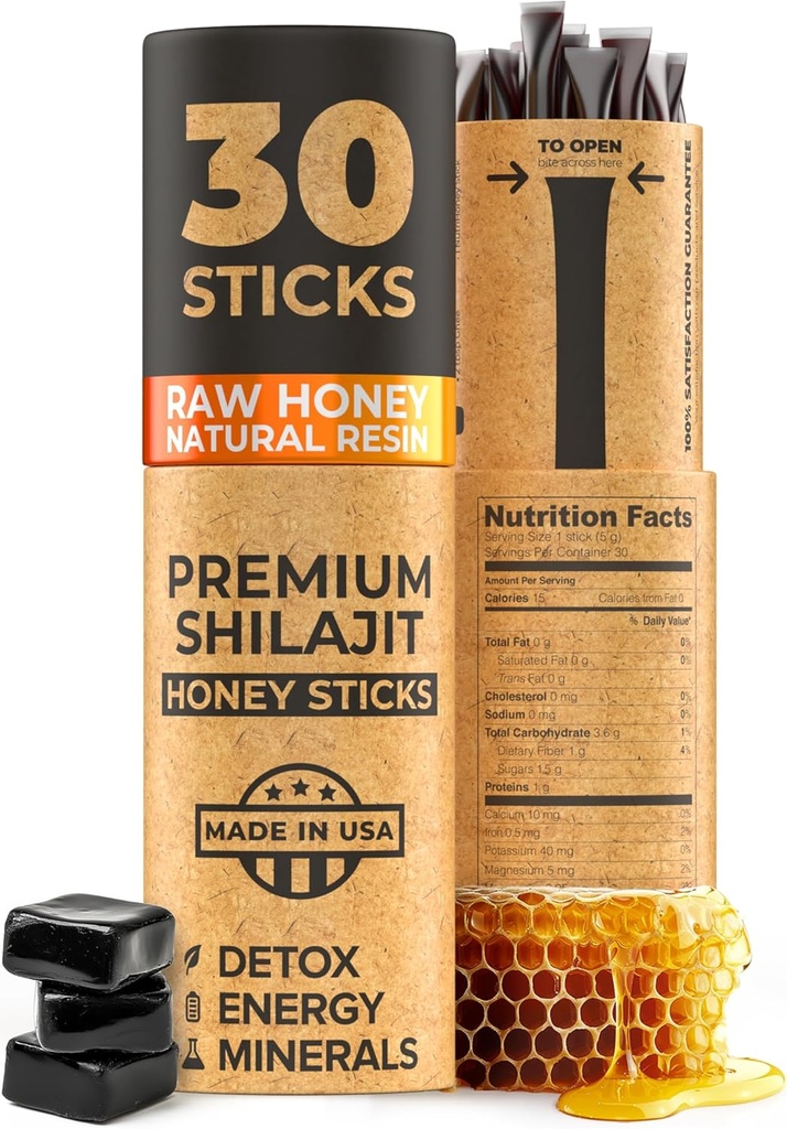 NATURAL SHILAJIT Honey Sticks - Shilajit Hartsi raakahunaja, Fulvic Acid & Trace Minerals, Plant Based Ravintries for Energy, Immuno Support & Vitality - 30 Shilajit Sticks