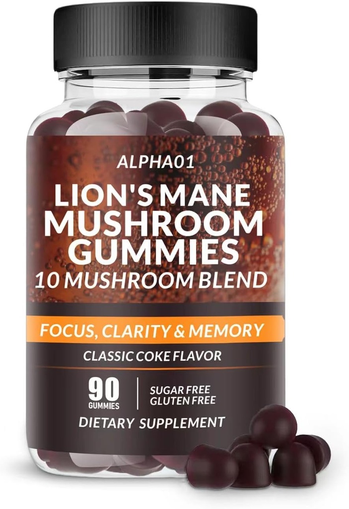 Mushroom Gummies - 10x Mushroom Supplement med Ashwagandha och Lions Mane - Nootropic Brain Supplement, Immune Support & Stress Relief (90 CT) Classic Coke