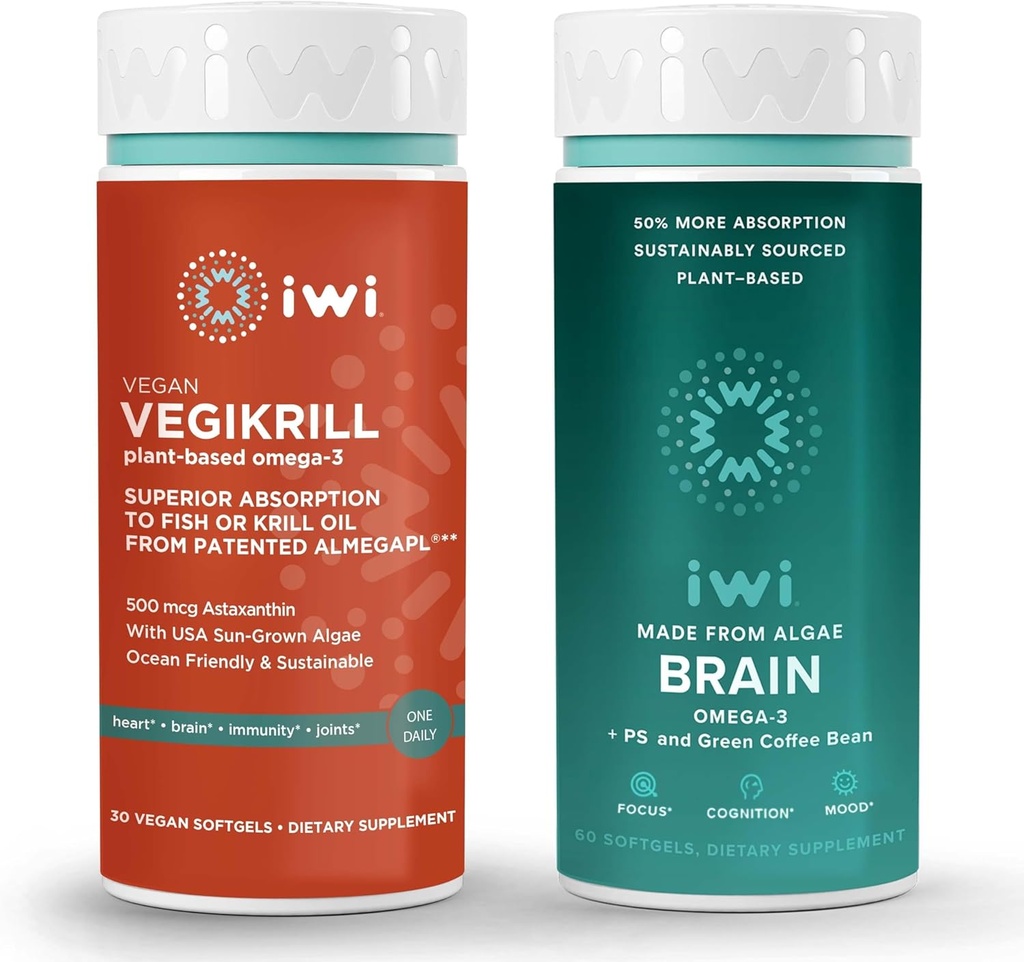 iwi Life Vegikrill & Brain Omega-3 Bundle, 30 Tarjoilua, Vegan Plant-Based Algae Omega 3, EPA + DHA, Krill & Fish Oil Alternative, No Fishy Aftertaste