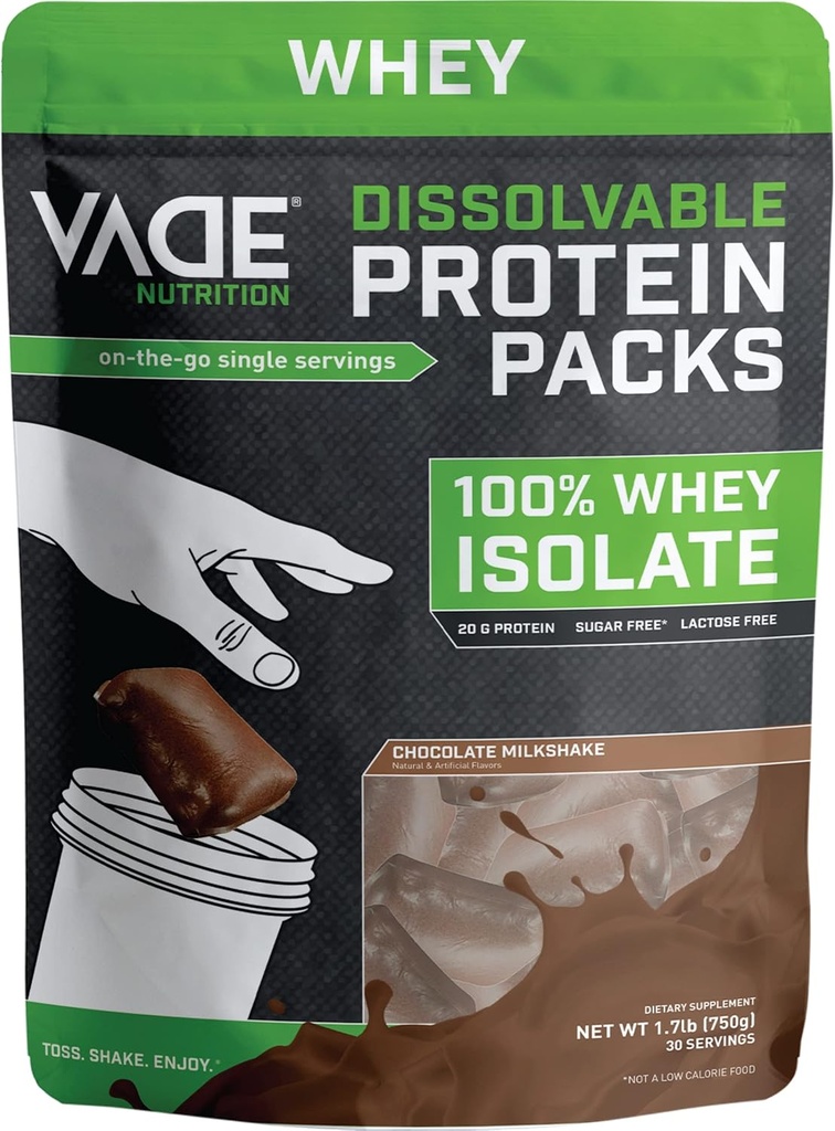 Vade Nutrition Dissolved Protein Packs - 100% Whey Isolate Protein Powder Suklaa Milkshake - Low Carb, Low Calorie, Laktoositon, Sokeriton, Rasvaton, Gluteeniton - 30 Packets to Go