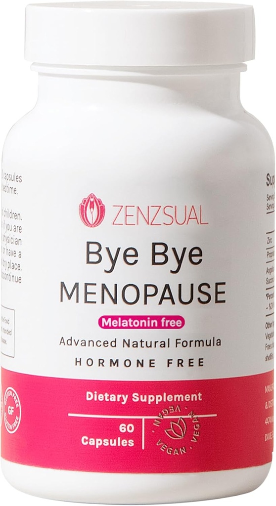 ZENZSUAL Bye Bye Menopause lisäravinteet naisille Natural Menopause Tuki Hot Flashs, Night Swats, Mood Swings & Hormone Balance Melatoniiniton, Vegan, Estrogeenivapaa Formula 60 kapselia