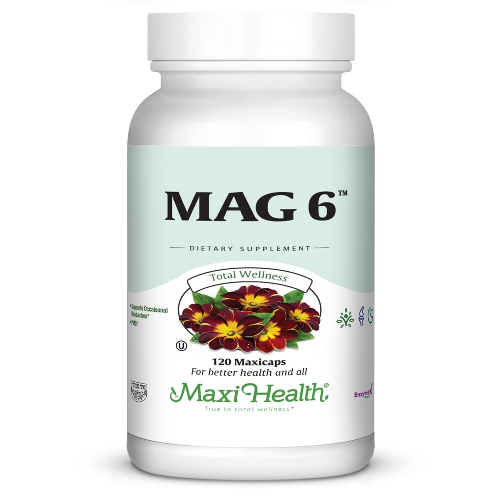 Maxi Health MAG 6 - Magnesium (som Oxide, Glycinate) med vitamin B6 - Migraine, Muscle Cramps, Kidney Stone Support - Magnesium Supplement för kvinnor och män - 120 kapslar - Kosher