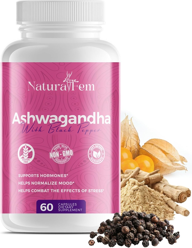 Naturalfem Ashwagandha lisäravinteet naisille, joilla on mustapippuri - Stressinhallinta, Hormoni & mielialatuki täydentää - Gluteeniton, 1300 mg. 60 Vihanneskapselit