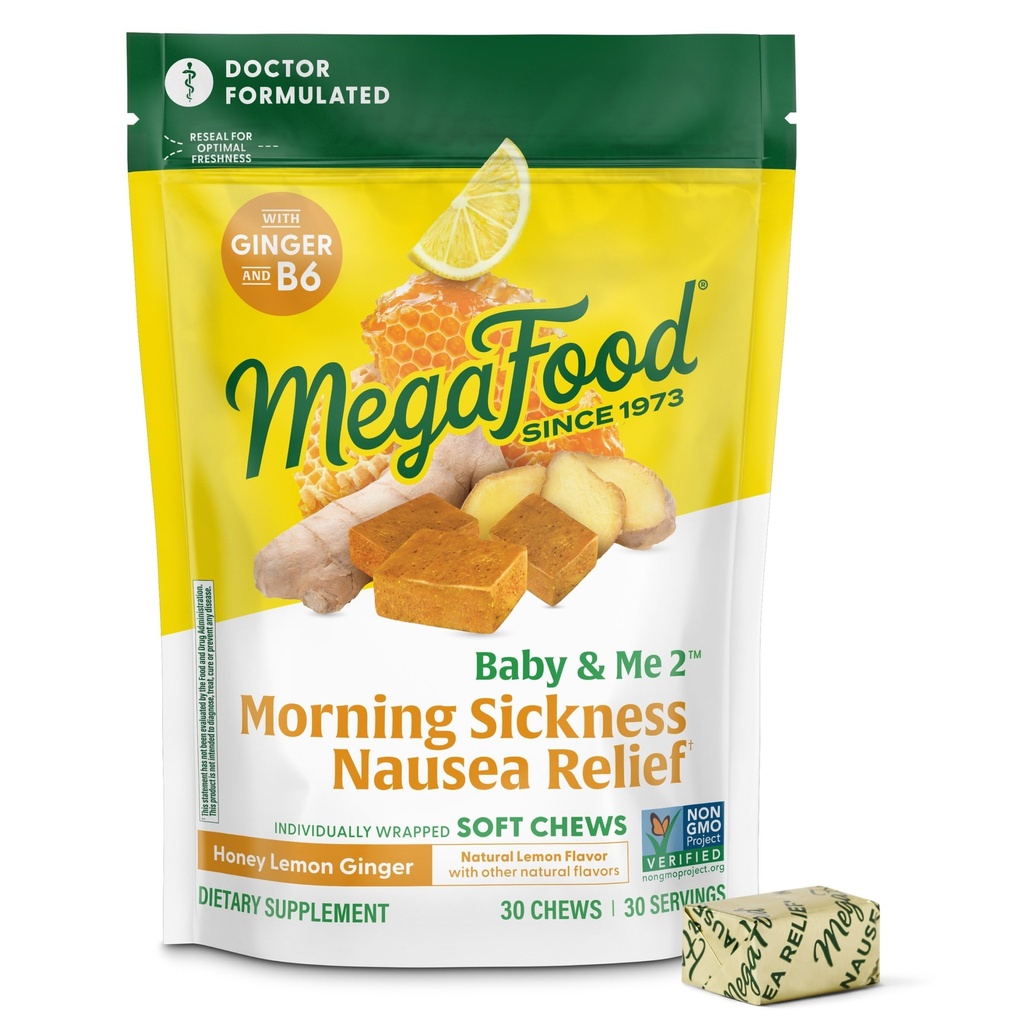 MegaFood Baby & Me Prenatal Morning Sairauden lievitys, inkivääri purukumia, jossa on B6-vitamiinia, valmistettu ilman 9 ruoka-allergeeniä, Honey Lemon Ginger Flavor, 30 Chews