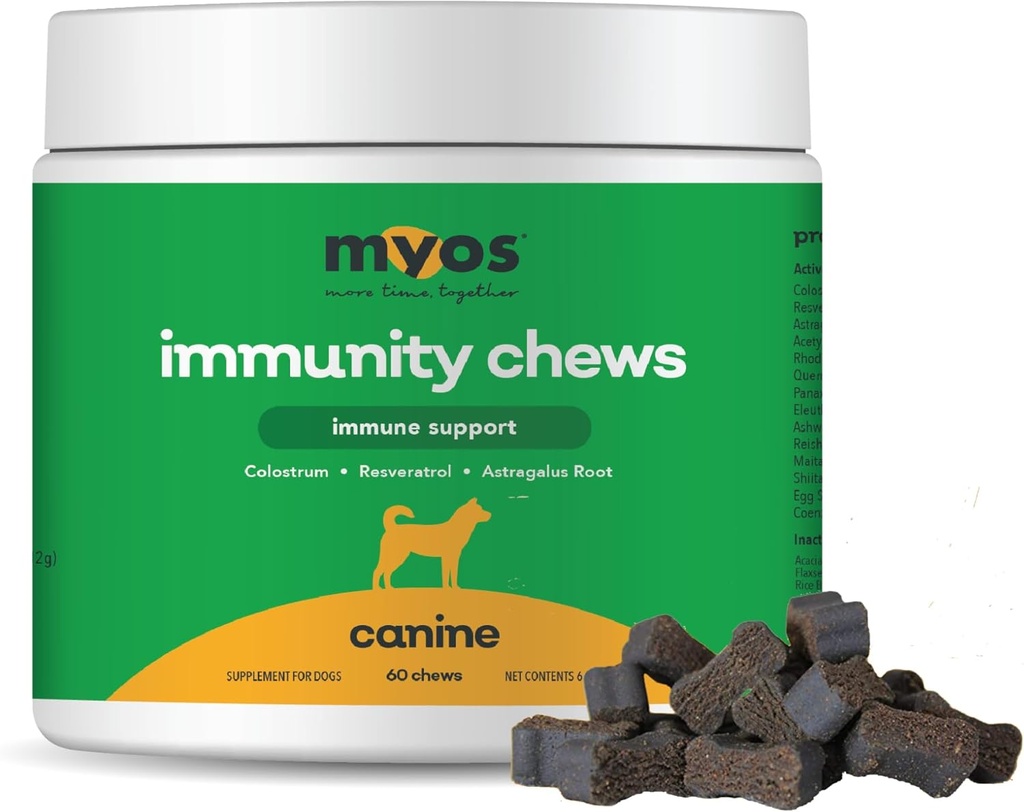 MYOS Immunity Chew for Dogs - Immune System Support, Antioxidanter, hjälper cellulär hälsa och vitalitet - med Colostrum, Resveratrol, Astragalus Root och Mushrooms- Daily Chewable Supplement