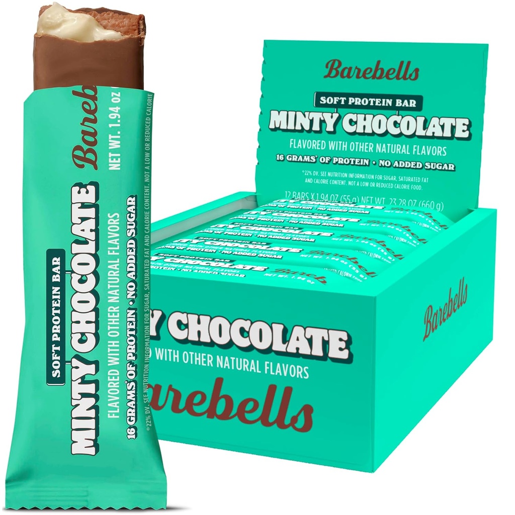 Barebells Soft Protein Bars, Minty Chocolate - 12 Count, 16g High Protein Heat - Suklaa Ravintola Bar 1g Total Sugars - Go Breakfast tai Post-workout Välipala