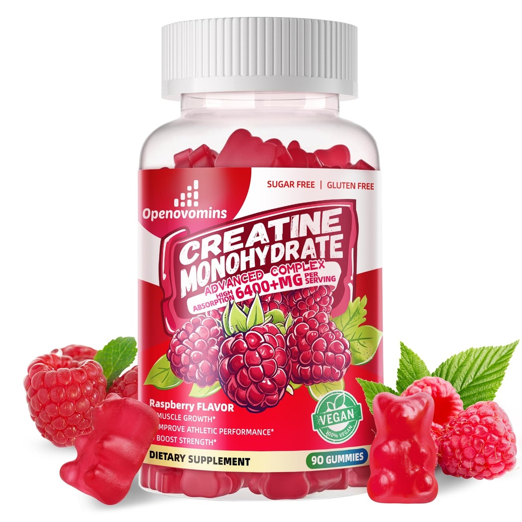 Kreatiini Monohydraatti Gummies Complex 6400mg miehille & naisille - Advanced Formula W/L-Tauriini + B12-vitamiini, sokeriton purutabletti,90 vadelma Gummies