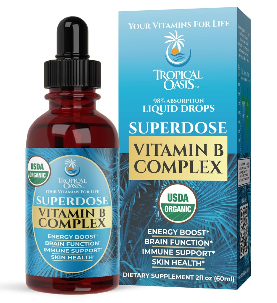 Superdos Organic Vitamin B Complex Liquid Drops | 125.000% DV Vitamin B12, B6, Biotin, Niacin, Folate | Energy, Brain Health, Immune Support | USDA Organic, Vegan, Non-GMO | 60 Serv, 2 Mo. Supply