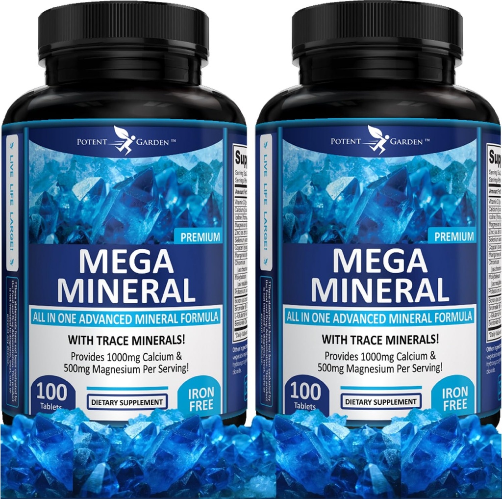 Potent Garden 2-Pack Mega Mineral Supplement Complete Mineral Complex kalsium Magnesium Sinkki Kalium Boron Selenium Kromi & 72 Trace Minerals Iron Free Kalsium Supplement -200 pillereitä