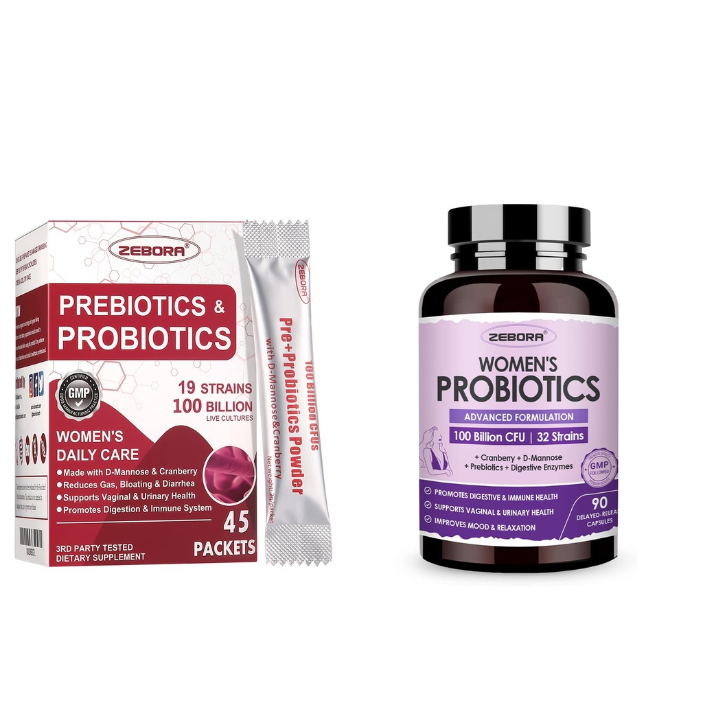ZEBORA Probiootit - Naiset 100-Billion-CFU prebiootit, D-Mannose & Cranberry for digestive, Immuuni, Feminine UT Health Support, Ultimate Probiootti naisten hoito, soija & Gluteeniton, 45 Packets