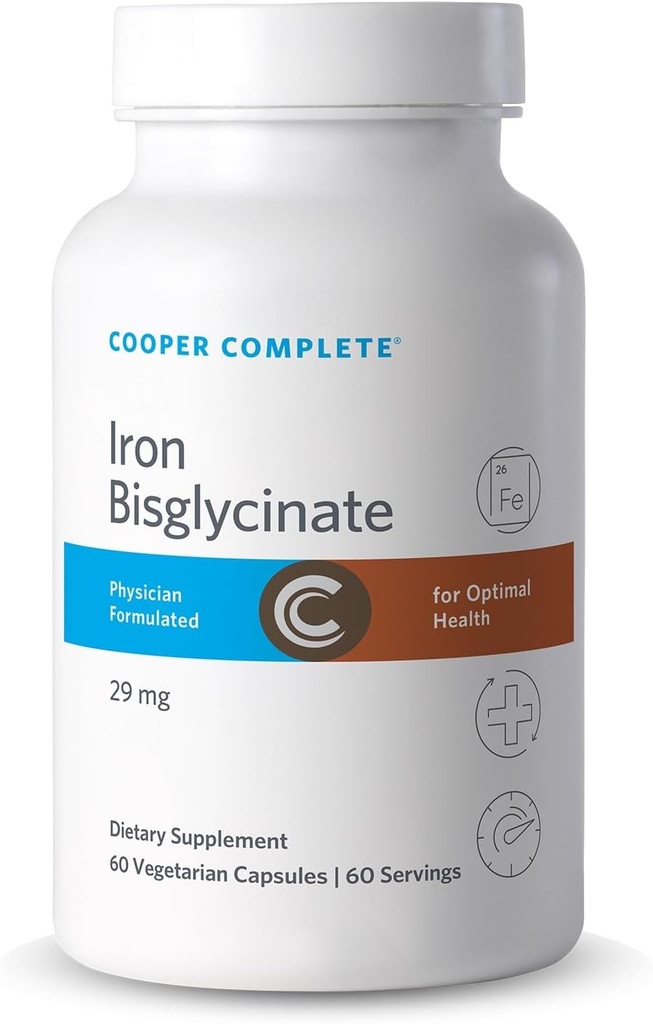 Cooper Complete Iron Bisglysinate. 29 mg per tabletti. 60 kapselia per pullo. Pakkaus, jossa 1
