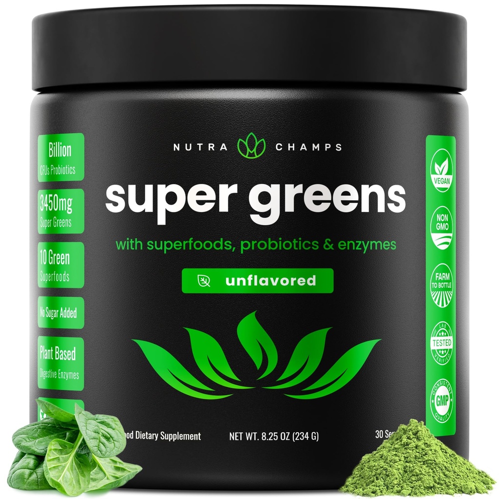 NutraChamps Super Greens Powder Premium Superfood | 20 + Organic Green Veggie Whole Foods | Wheat Grass, Spirulina, Chlorella | Antioxidant, Digestive Enzyme & Probiotic Blends (9,0 Oz, Unflavored)