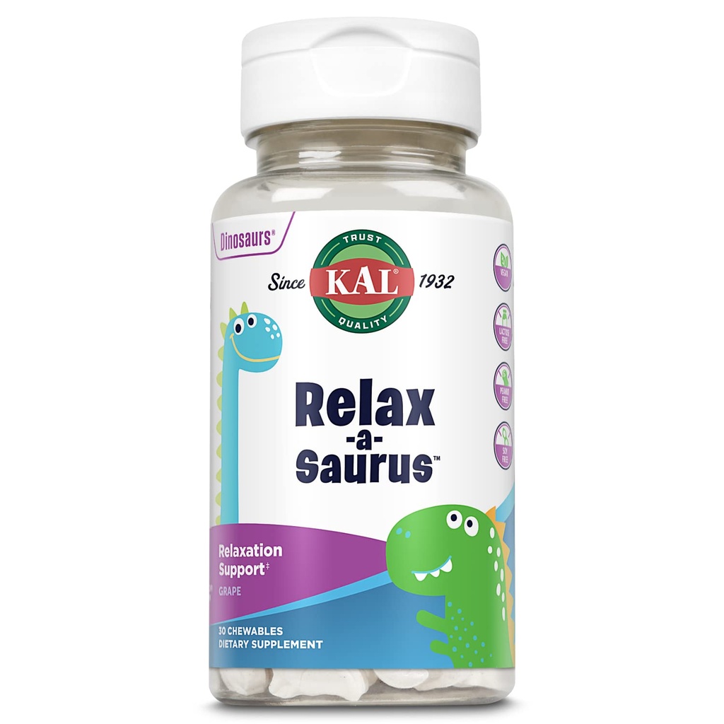 KAL Relax-a-Saurus, Stressituki täydentää lapsille, L-Theanine lapsille kasviperäisen stressin lievittäminen & rentoutuminen & Blend, herkullinen luonnon viinirypäleen maku, 60 päivän takuu, 30 purutablettia