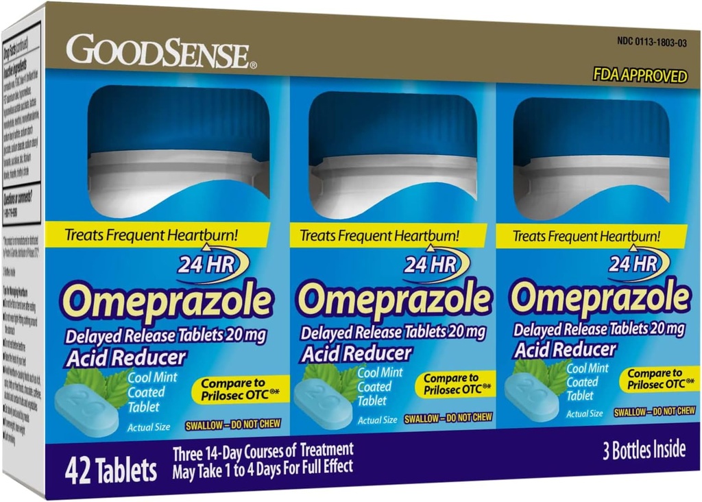 GoodSense Omeprazole Fördröjd frisättning belagda tabletter 20 mg, Cool Mint, Behandlar Frequent Heartburn, Acid Reducer, Heartburn Medicine, 42 Count