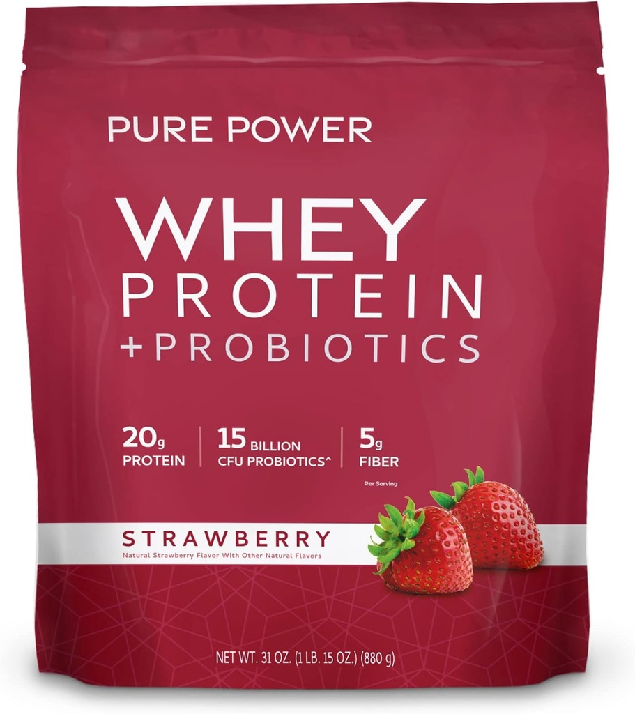 Dr Mercola Pure Power Whey Protein + Probiotics - Stöder Muscle Recovery & Digestive Health - Pasture-Raised Whey - MCTs & Fiber - Vanilla - 31 oz (22 portioner) - Strawberry