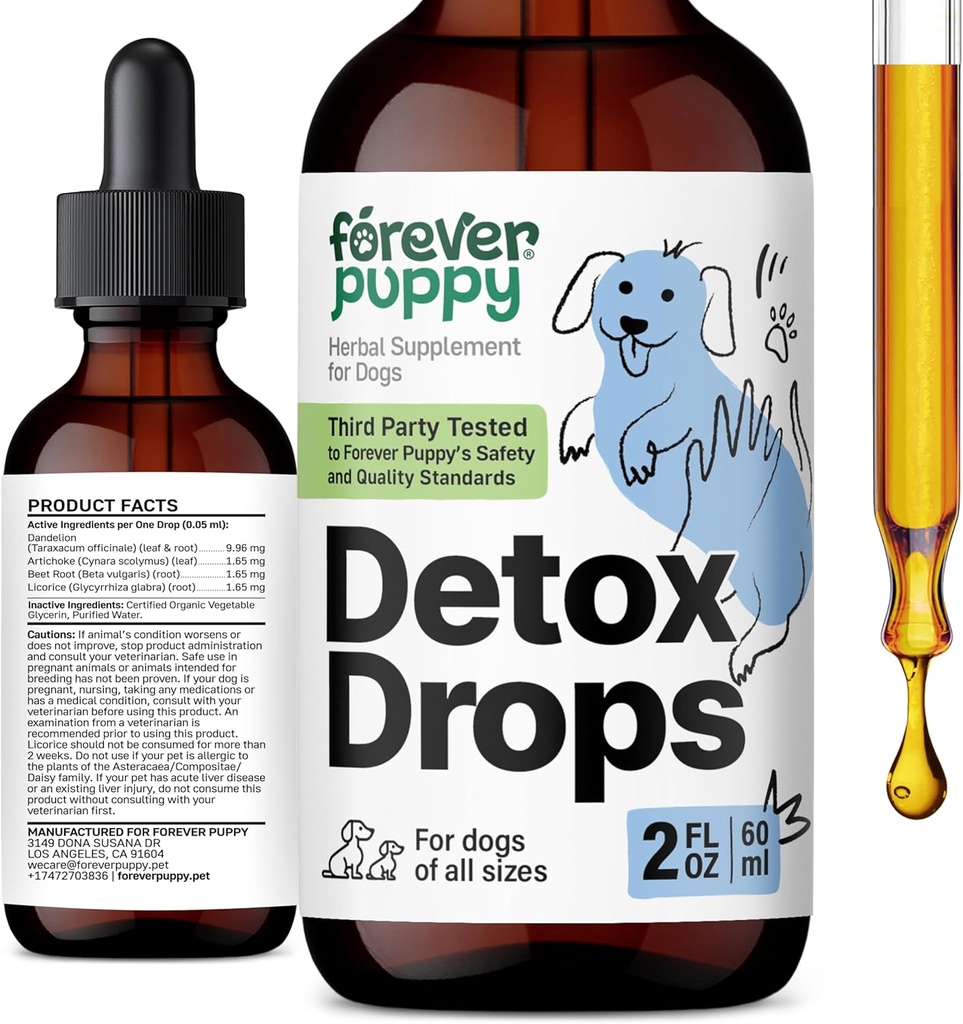 Forever Puppy Detox droppar för hundar - Dandelion Root & Dandelion Leaf Tincture för lever och njursupport - Herbal Detox & Antioxidant Support Supplement för hundar av alla raser och storlekar - 2 fl oz