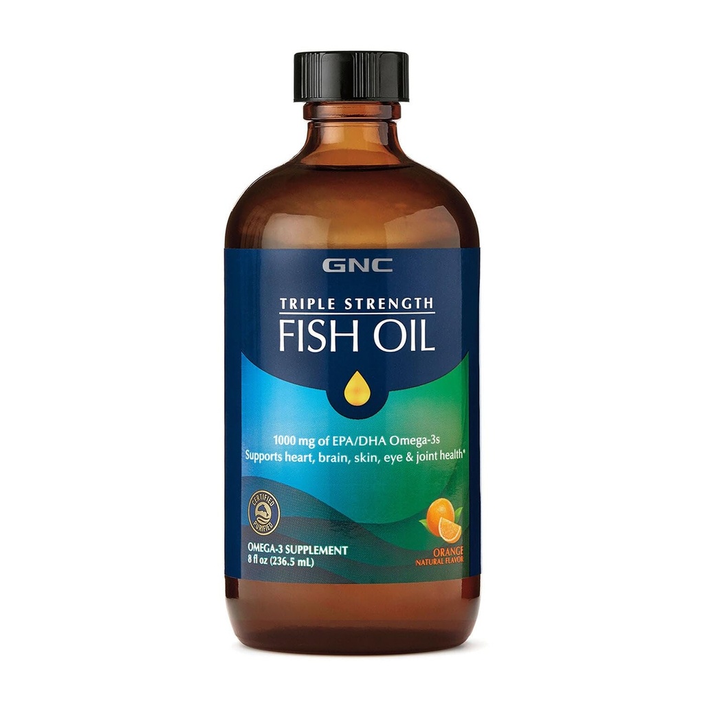 GNC Triple Strength Fish Oil Liquid Supplement, Wild Deep Ocean Caught. 1000mg EPA DHA Omega 3s, varten, sydän, aivot, iho, silmät, Joint Health, Natural Orange Flavor, 8 Fl Oz, 47 Servings