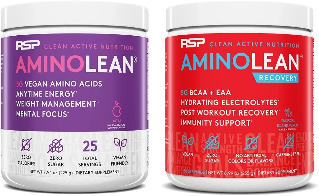 RSP NUTRITION Vegan AminoLean Pre Workout Energy (Acai 25 Servings) med AminoLean Recovery Post Workout Boost (Tropical Island Punch 30 Servings)