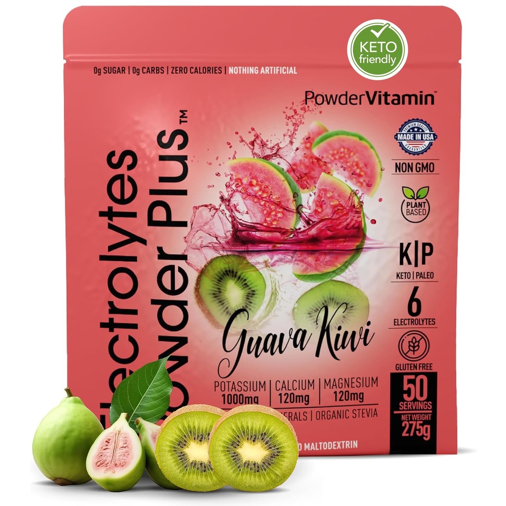 PowderVitamin Electrolytes Powder Plus (50 portioner) Guava Kiwi Electrolyte Powder Zero Calorie Keto, 0 Sugar, No Maltodextrin,1000mg Potassium,120mg Calcium,120mg Magnesium, Hydration Powde