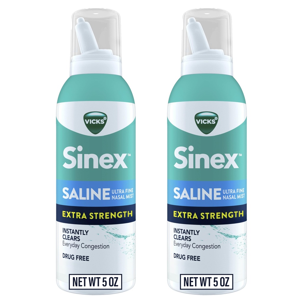 VICKS Sinex Saline Extra Strength Nasal Spray, 3X Concentrated * Drug Free Ultra Fine Mist, omedelbart Clears Mucus, Ultra koncentrerad till Clear Congestion Snabb, Säker för daglig användning, 5 OZ x 2