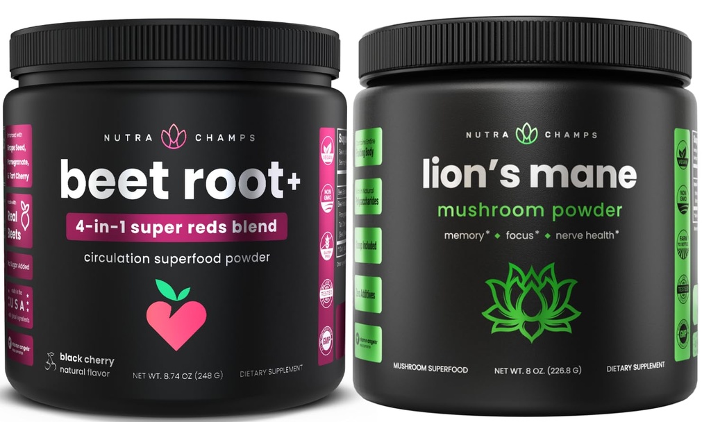 NutraChamps Beet Root Powder & Leijonan Mane Powder. Tehokkaat verenkierto- ja adaptogeenisekoitukset