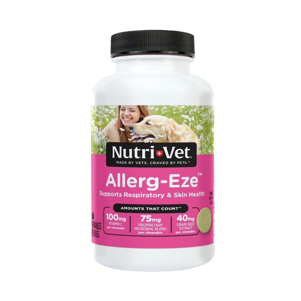 Nutri-Vet Allerg-Eze purutabletti koirille, antioksidantit ja Omega-3 rasvahapot, allergiaa lievittävä lisäosa, joka tukee ihoa, turkkia ja hengitysteiden terveyttä, 60