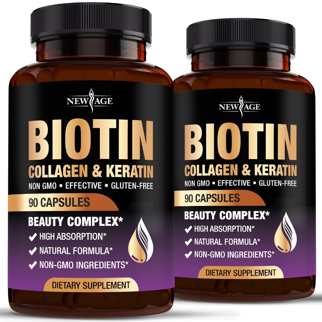 NEW AGE Biotin Collagen Keratin Hyaluronic Acid - 50,000 mcg hiusten kasvua Vitamiinit miesten ja naisten, kynsien, hiusten, ihovitamiinit ja DHT estoaine E-vitamiini Foolihappo kurpitsa siemen MSM- 180