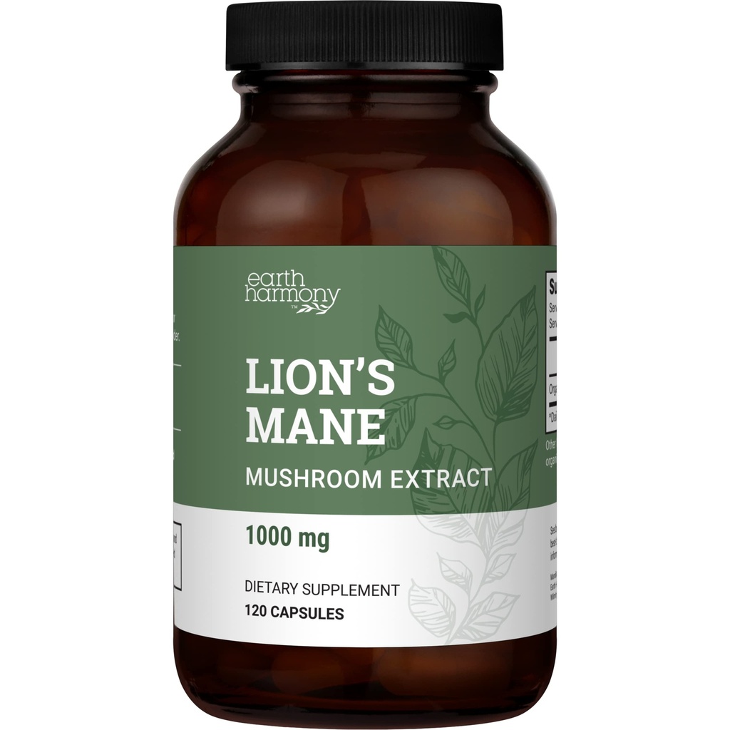 Organiska Lions Mane Supplement (1000mg), 2-månaders Supply Lion's Mane Mushroom Supplement Extract för att stödja fokus, minne (120 kapslar)