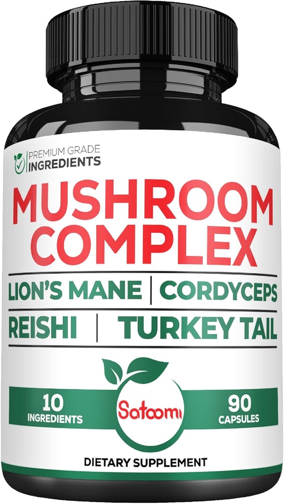 Satoomi 10in1 Lions Mane Supplement Complex - Blended med Cordyceps Sinensis, Reishi Mushroom, Turkiet Tail Mushroom & Others - 90 greve för 3 månader