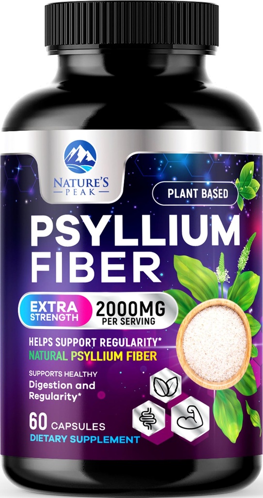 Psyllium Husk Kuitu Täydennys 1500mg - Vegaani Prebiootti, Liukoinen kuitu päivittäin Ruoansulatus & Säännöllisyys Tuki, Luonnollinen Psyllium Powder Caps, Sokeriton, Ei-GMO & Gluteeniton - 60 kapselia