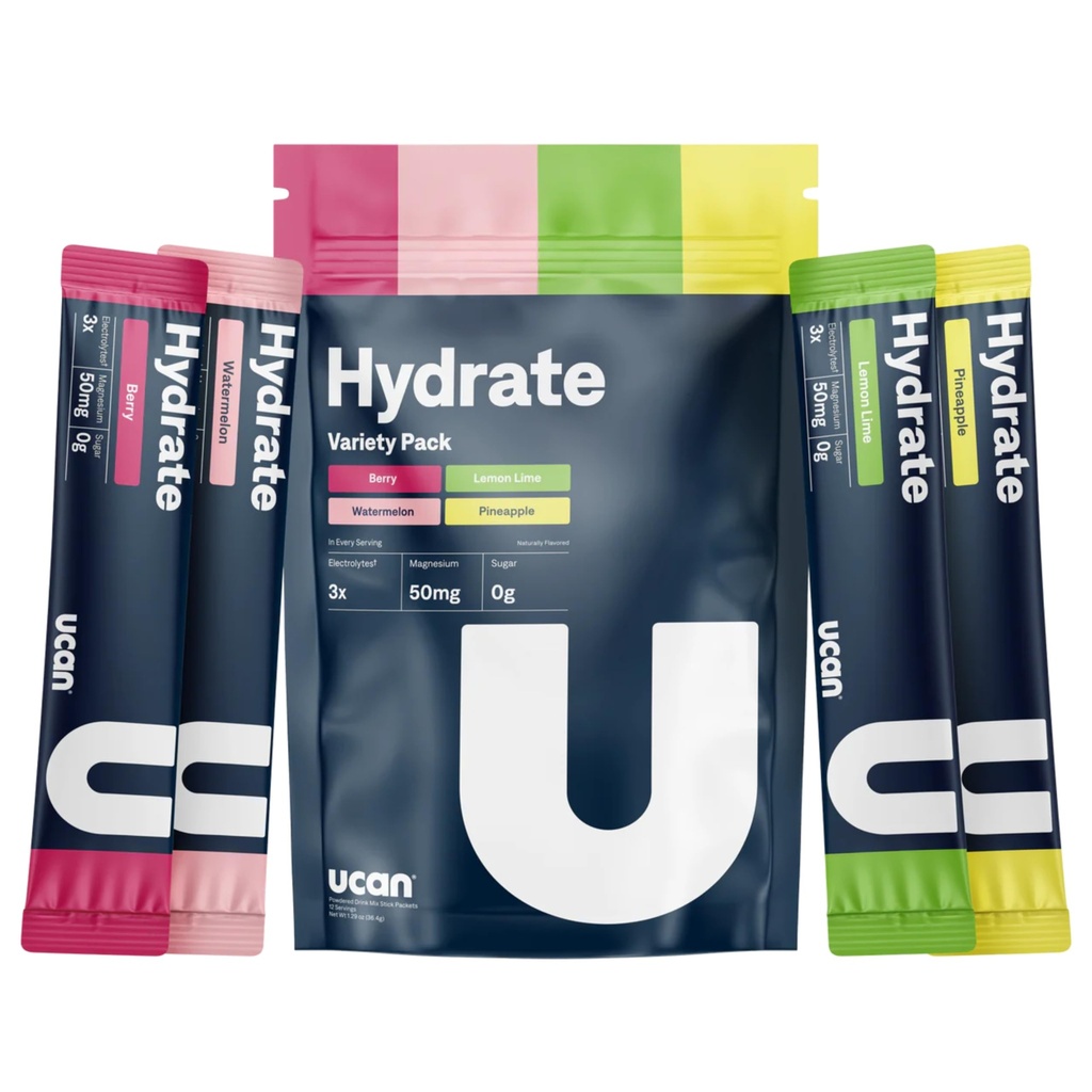 UCAN Hydrate Electrolyte Drink Mix (Variety Pack, 12 Stickpacks) Sugar-Free, Keto-Friendly, Vegan, Non-GMO, Gluten-Free Electrolyte Powder med kalium & Magnesium för löpare & idrottare
