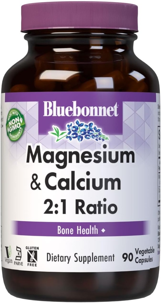 Bluebonnet Nutrition Magnesium & Calcium 2:1 Suhde, luunterveys*, ei-muuntogeeniset organismit, vegan, Kosher Certified, Gluteenittomat, soijattomat, maitotuotteet, 90 kasvikapselia, 30 tarjoilua